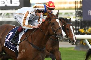 MELBOURNE, AUSTRALIA - JUNE 19: Fred Kersley riding Dice Roll winning Race 8, the Brian Beattie Handicap during Melbourne Racing at Flemington Racecourse on June 19, 2021 in Melbourne, Australia. (Photo by Vince Caligiuri/Getty Images)
