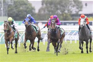 SYDNEY, AUSTRALIA - JUNE 19: Mathew Cahill (pink) on Catanzaro wins race 3 the Tab Highway Class 3 Handicap during Sydney Racing at Rosehill Gardens on June 19, 2021 in Sydney, Australia. (Photo by Jenny Evans/Getty Images)