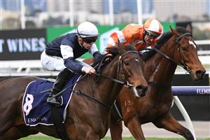 MELBOURNE, AUSTRALIA - JUNE 19: Will Price riding Degraves defeats Damien Oliver riding Think