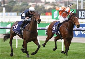 MELBOURNE, AUSTRALIA - JUNE 19: Will Price riding Degraves defeats Damien Oliver riding Think