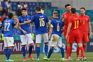 Players greet each other after the UEFA EURO 2020 Group A football match between Italy and Wales at the Olympic Stadium in Rome on June 20, 2021. (Getty Images)