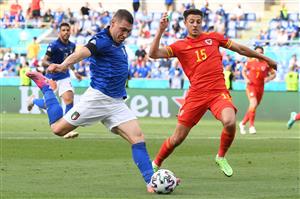 Wales' defender Ethan Ampadu (R) attempts to block a shot by Italy's forward Andrea Belotti during the UEFA EURO 2020 Group A football match between Italy and Wales at the Olympic Stadium in Rome on June 20, 2021. (Getty Images)