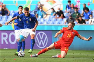 Wales' midfielder Joe Morrell (R) vies for the ball with Italy's midfielder Marco Verratti during the UEFA EURO 2020 Group A football match between Italy and Wales at the Olympic Stadium in Rome on June 20, 2021. (Getty Images)