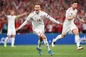 Denmark's forward Mikkel Damsgaard celebrates after scoring his team's first goalduring the UEFA EURO 2020 Group B football match between Russia and Denmark at Parken Stadium in Copenhagen on June 21, 2021. (Getty Images)