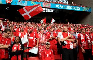 COPENHAGEN, DENMARK - JUNE 21: Denmark fans show their support prior to the UEFA Euro 2020 Championship Group B match between Russia and Denmark at Parken Stadium on June 21, 2021 in Copenhagen, Denmark. (Photo by Wolfgang Rattay - Pool/Getty Images)