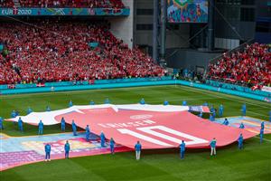 COPENHAGEN, DENMARK - JUNE 21: A large replica Denmark shirt with Christian Eriksen, Number Ten is displayed on the pitch prior to the UEFA Euro 2020 Championship Group B match between Russia and Denmark at Parken Stadium on June 21, 2021 in Copenhagen, Denmark. (Getty Images)