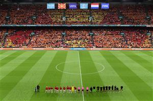 AMSTERDAM, NETHERLANDS - JUNE 21: Both teams stand for the national anthems prior to the UEFA Euro 2020 Championship Group C match between North Macedonia and The Netherlands at Johan Cruijff Arena on June 21, 2021 in Amsterdam, Netherlands. (Getty Images)