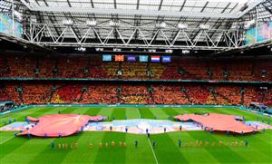 AMSTERDAM, NETHERLANDS - JUNE 21: A general view inside the stadium as large replica shirts of both teams are displayed on the pitch prior to the UEFA Euro 2020 Championship Group C match between North Macedonia and The Netherlands at Johan Cruijff Arena on June 21, 2021 in Amsterdam, Netherlands. (Getty Images)