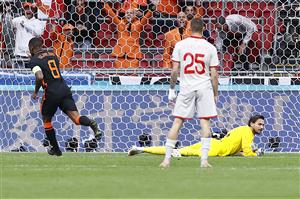 Netherlands' midfielder Georginio Wijnaldum scores his team's third goal during the UEFA EURO 2020 Group C football match between North Macedonia and the Netherlands at Johan Cruyff Arena in Amsterdam on June 21, 2021. (Getty Images)