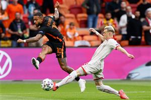 Netherlands' forward Memphis Depay attempst to score next to North Macedonia's defender Ezgjan Alioski during the UEFA EURO 2020 Group C football match between North Macedonia and the Netherlands at Johan Cruyff Arena in Amsterdam on June 21, 2021. (Getty Images)