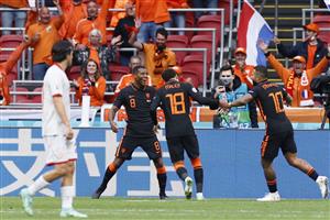 Netherlands' midfielder Georginio Wijnaldum (L) celebrates with teammates scoring his team's third goal during the UEFA EURO 2020 Group C football match between North Macedonia and the Netherlands at Johan Cruyff Arena in Amsterdam on June 21, 2021. (Getty Images)