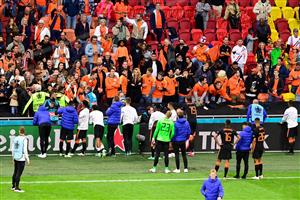 Netherlands players celebrate their victory at the end of the UEFA EURO 2020 Group C football match between North Macedonia and the Netherlands at Johan Cruyff Arena in Amsterdam on June 21, 2021. (Getty Images)