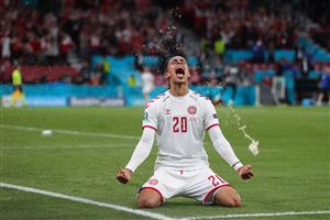 COPENHAGEN, DENMARK - JUNE 21: Yussuf Poulsen of Denmark celebrates after scoring their side's second goal during the UEFA Euro 2020 Championship Group B match between Russia and Denmark at Parken Stadium on June 21, 2021 in Copenhagen, Denmark. (Getty Images)