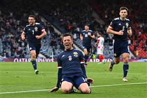 GLASGOW, SCOTLAND - JUNE 22: Callum McGregor of Scotland celebrates after scoring their side's first goal during the UEFA Euro 2020 Championship Group D match between Croatia and Scotland at Hampden Park on June 22, 2021 in Glasgow, Scotland. (Getty Images)