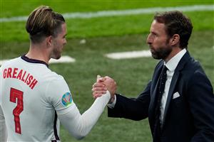 England's coach Gareth Southgate greets England's midfielder Jack Grealish as he comes off during the UEFA EURO 2020 Group D football match between Czech Republic and England at Wembley Stadium in London on June 22, 2021. (Getty Images)