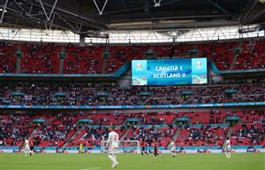 LONDON, ENGLAND - JUNE 22: A general view inside the stadium as the LED screen displays the score line of the Croatia and Scotland match during the UEFA Euro 2020 Championship Group D match between Czech Republic and England at Wembley Stadium on June 22, 2021 in London, England. (Getty Images)