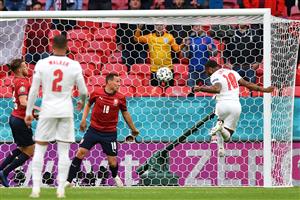 TOPSHOT - England's forward Raheem Sterling (R) scores the opening goal during the UEFA EURO 2020 Group D football match between Czech Republic and England at Wembley Stadium in London on June 22, 2021. (Getty Images)