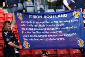 GLASGOW, SCOTLAND - JUNE 22: A Scotland fan displays a flag prior to the UEFA Euro 2020 Championship Group D match between Croatia and Scotland at Hampden Park on June 22, 2021 in Glasgow, Scotland. (Getty Images)