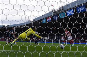 Scotland's goalkeeper David Marshall (L) concedes the first goal during the UEFA EURO 2020 Group D football match between Croatia and Scotland at Hampden Park in Glasgow on June 22, 2021. (Getty Images)