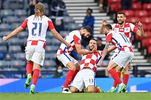 Croatia's midfielder Nikola Vlasic (C) celebrates with teammates after scoring the first goal during the UEFA EURO 2020 Group D football match between Croatia and Scotland at Hampden Park in Glasgow on June 22, 2021. (Getty Images)
