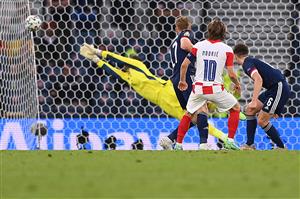 Croatia's midfielder Luka Modric (C) shoots to score the second goal during the UEFA EURO 2020 Group D football match between Croatia and Scotland at Hampden Park in Glasgow on June 22, 2021. (Getty Images)