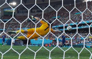 Slovakia's goalkeeper Martin Dubravka dives to save a goal during the UEFA EURO 2020 Group E football match between Slovakia and Spain at La Cartuja Stadium in Seville on June 23, 2021. (Getty Images)