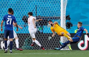 Spain's defender Pau Torres (2ndL) eyes the ball few moments before Spain's fifth goal during the UEFA EURO 2020 Group E football match between Slovakia and Spain at La Cartuja Stadium in Seville on June 23, 2021. (Getty Images)
