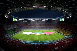 MUNICH, GERMANY - JUNE 23: A general view inside the stadium as large replica shirts are seen prior to the UEFA Euro 2020 Championship Group F match between Germany and Hungary at Allianz Arena on June 23, 2021 in Munich, Germany. (Getty Images)