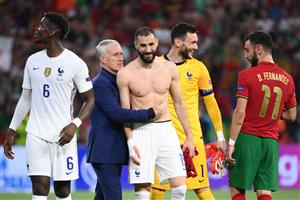 TOPSHOT - From L: France's midfielder Paul Pogba, France's coach Didier Deschamps, France's forward Karim Benzema, France's goalkeeper Hugo Lloris and Portugal's midfielder Bruno Fernandes react after the UEFA EURO 2020 Group F football match between Portugal and France at Puskas Arena in Budapest on June 23, 2021. (Getty Images)