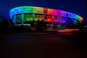 A picture shows the Deutsche Bank Park stadium illuminated with the Rainbow colours, in Frankfurt am Main, western Germany, on June 23, 2021. (Getty Images)