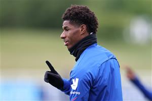 BURTON UPON TRENT, ENGLAND - JUNE 24: Marcus Rashford of England reacts during a training session at St George's Park on June 24, 2021 in Burton upon Trent, England. (Getty Images)