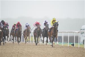 NEWCASTLE UPON TYNE, ENGLAND - JUNE 26: Zeeband (right) ridden by Andrea Atzeni on their way to winning the William Hill Pick Your Places Northumberland Vase Handicap race, during the William Hill Northumberland Plate Day at Newcastle Racecourse on June 26, 2021 in Newcastle upon Tyne, England. (Photo by Tim Goode - Pool/Getty Images)