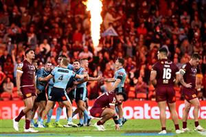 BRISBANE, AUSTRALIA - JUNE 27: The Blues celebrate winning game two of the 2021 State of Origin series between the Queensland Maroons and the New South Wales Blues at Suncorp Stadium on June 27, 2021 in Brisbane, Australia. (Photo by Chris Hyde/Getty Images)