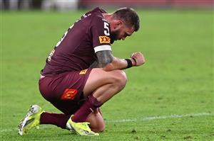 BRISBANE, AUSTRALIA - JUNE 27: Kyle Feldt of the Maroons reacts during game two of the 2021 State of Origin series between the Queensland Maroons and the New South Wales Blues at Suncorp Stadium on June 27, 2021 in Brisbane, Australia. (Photo by Bradley Kanaris/Getty Images)