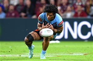 BRISBANE, AUSTRALIA - JUNE 27: Brian To'o of the Blues drops the ball during game two of the 2021 State of Origin series between the Queensland Maroons and the New South Wales Blues at Suncorp Stadium on June 27, 2021 in Brisbane, Australia. (Photo by Bradley Kanaris/Getty Images)