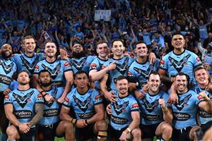 BRISBANE, AUSTRALIA - JUNE 27: The Blues celebrate winning game two of the 2021 State of Origin series between the Queensland Maroons and the New South Wales Blues at Suncorp Stadium on June 27, 2021 in Brisbane, Australia. (Photo by Bradley Kanaris/Getty Images)