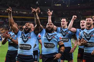 BRISBANE, AUSTRALIA - JUNE 27: The Blues celebrate winning game two of the 2021 State of Origin series between the Queensland Maroons and the New South Wales Blues at Suncorp Stadium on June 27, 2021 in Brisbane, Australia. (Photo by Bradley Kanaris/Getty Images)