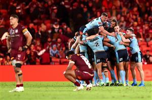 BRISBANE, AUSTRALIA - JUNE 27: The Blues celebrate winning game two of the 2021 State of Origin series between the Queensland Maroons and the New South Wales Blues at Suncorp Stadium on June 27, 2021 in Brisbane, Australia. (Photo by Chris Hyde/Getty Images)