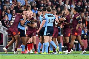 BRISBANE, AUSTRALIA - JUNE 27: Players scuffle during game two of the 2021 State of Origin series between the Queensland Maroons and the New South Wales Blues at Suncorp Stadium on June 27, 2021 in Brisbane, Australia. (Photo by Bradley Kanaris/Getty Images)