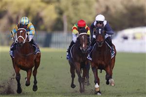 SYDNEY, AUSTRALIA - JUNE 26: Brenton Avdulla on Sweet Thomas (whie cap), wins race 3 the Bookmakers Recognition Day Stayers Cupduring Sydney Racing at Rosehill Gardens on June 26, 2021 in Sydney, Australia. (Photo by Mark Evans/Getty Images)
