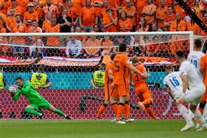 Netherlands' goalkeeper Maarten Stekelenburg (L) stops a shot on goal by Czech Republic's midfielder Tomas Soucek (R) during the UEFA EURO 2020 round of 16 football match between the Netherlands and the Czech Republic at Puskas Arena in Budapest on June 27, 2021. (Getty Images)
