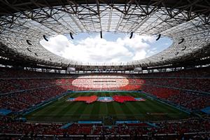 Performers display bannners depicting the team jerseys on the pitch before the UEFA EURO 2020 round of 16 football match between the Netherlands and the Czech Republic at Puskas Arena in Budapest on June 27, 2021. (Getty Images)