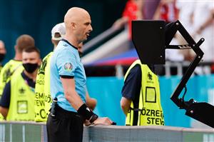 Russian referee Sergey Karasev reviews the VAR during the UEFA EURO 2020 round of 16 football match between the Netherlands and the Czech Republic at Puskas Arena in Budapest on June 27, 2021. (Getty Images)