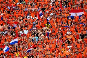 BUDAPEST, HUNGARY - JUNE 27: Netherlands fans show their support prior to the UEFA Euro 2020 Championship Round of 16 match between Netherlands and Czech Republic at Puskas Arena on June 27, 2021 in Budapest, Hungary. (Getty Images)