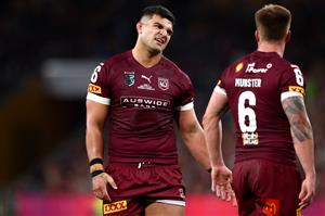 BRISBANE, AUSTRALIA - JUNE 27: David Fifita and Cameron Munster of the Maroons react during game two of the 2021 State of Origin series between the Queensland Maroons and the New South Wales Blues at Suncorp Stadium on June 27, 2021 in Brisbane, Australia. (Photo by Chris Hyde/Getty Images)