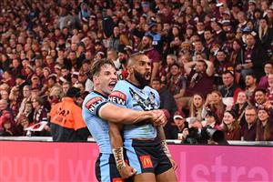 BRISBANE, AUSTRALIA - JUNE 27: Josh Addo-Carr of the Blues celebrates with team mate Cameron Murray of the Blues after scoring a try during game two of the 2021 State of Origin series between the Queensland Maroons and the New South Wales Blues at Suncorp Stadium on June 27, 2021 in Brisbane, Australia. (Photo by Bradley Kanaris/Getty Images)
