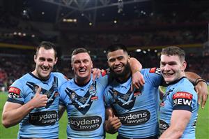 BRISBANE, AUSTRALIA - JUNE 27: (L-R) Isaah Yeo of the Blues, Jack Wighton of the Blues, Payne Haas of the Blues and Liam Martin of the Blues celebrate winning game two of the 2021 State of Origin series between the Queensland Maroons and the New South Wales Blues at Suncorp Stadium on June 27, 2021 in Brisbane, Australia. (Photo by Bradley Kanaris/Getty Images)