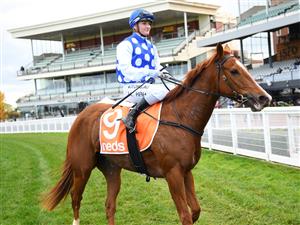 MELBOURNE, AUSTRALIA - MAY 08: Jamie Kah riding Pintoff after winning Race 4, the Ian Miller Handicap, during Melbourne Racing at Caulfield Racecourse on May 08, 2021 in Melbourne, Australia. (Photo by Vince Caligiuri/Getty Images)