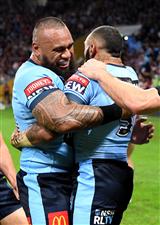 BRISBANE, AUSTRALIA - JUNE 27: Junior Paulo of the Blues celebrates with Josh Addo-Carr of the Blues after he scored a try during game two of the 2021 State of Origin series between the Queensland Maroons and the New South Wales Blues at Suncorp Stadium on June 27, 2021 in Brisbane, Australia. (Photo by Bradley Kanaris/Getty Images)