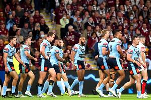 BRISBANE, AUSTRALIA - JUNE 27: Josh Addo-Carr of the Blues celebrates after scoring a try during game two of the 2021 State of Origin series between the Queensland Maroons and the New South Wales Blues at Suncorp Stadium on June 27, 2021 in Brisbane, Australia. (Photo by Chris Hyde/Getty Images)